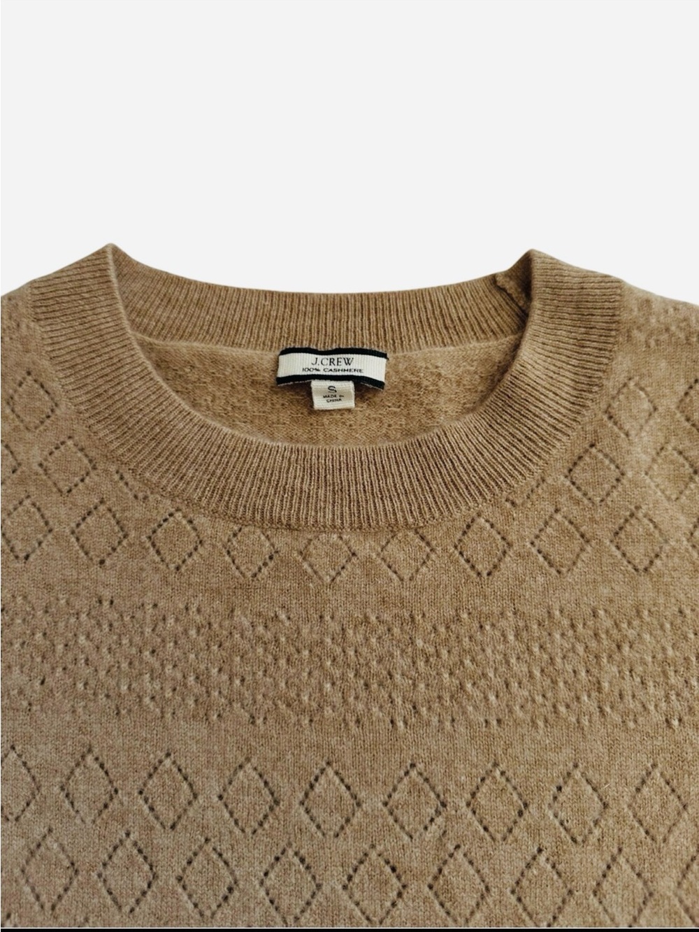 J.Crew 100% Cashmere Camel Pointelle Diamond Knit Ruffle Cuff Sweater S - Picture 6 of 11